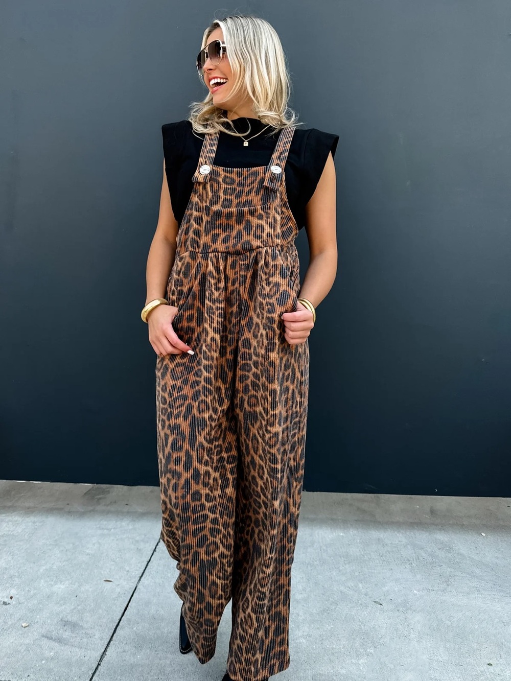 Blakeley Leopard Print Ribbed Overalls Jumpsuit with Adjustable Straps